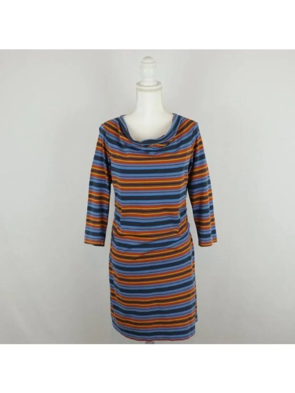 Patagonia Kamala Women's Medium Blue Orange Stripe Cowl Neck 3/4 Sleeve Dress